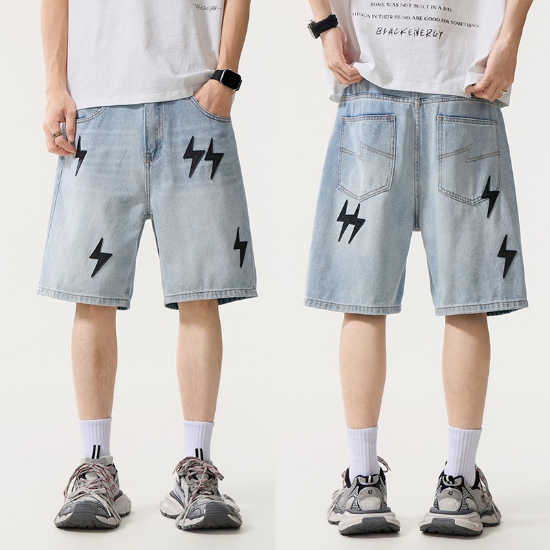 Street Fashion American - Pantalones Bermuda de Mezclilla con Parches