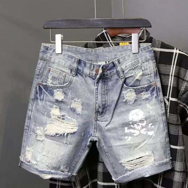 Street Fashion Jeans Men - Pantalones vaqueros cortos rasgados elásticos con